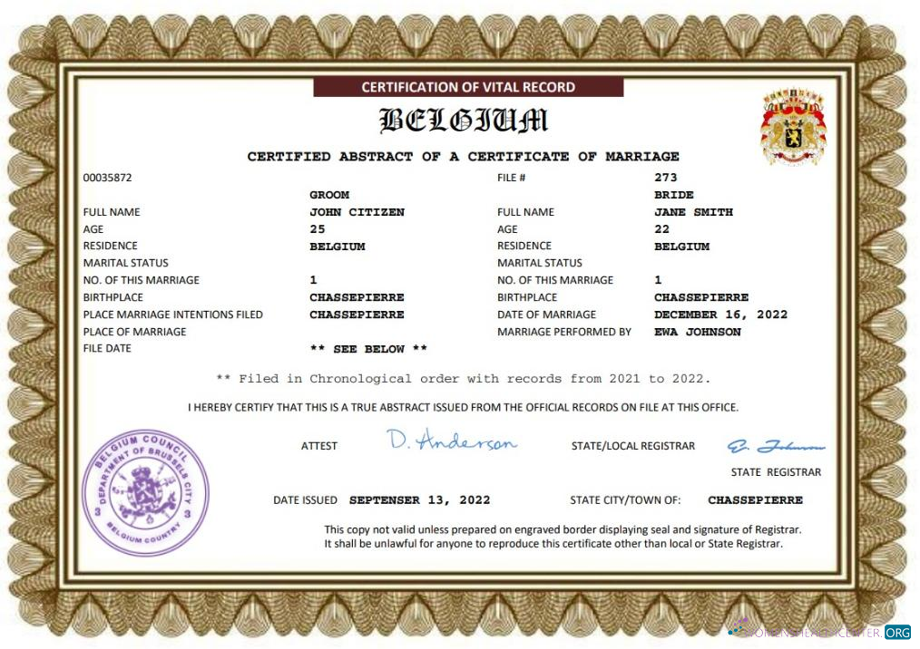 Download Belgium marriage certificate Word and PDF template Photoshop template
